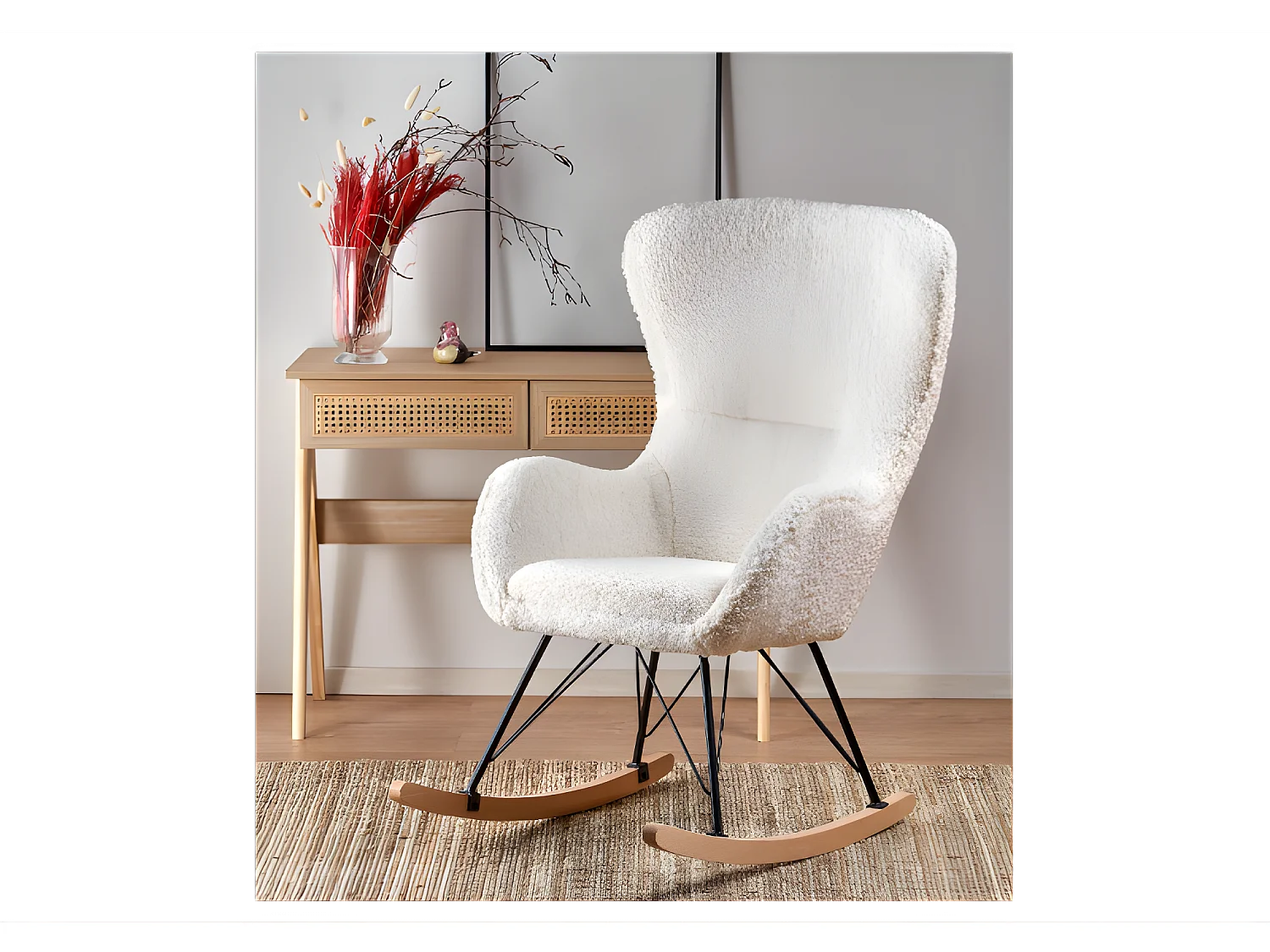 Mecedora de tela rizada con base de metal y madera maciza URIELL 2