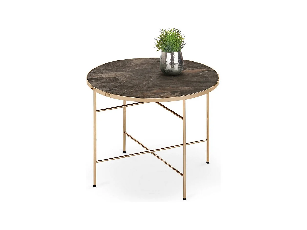 Table d'appoint ronde 60cm avec plateau style marbre et pieds métal couleur champagne ATLAS
