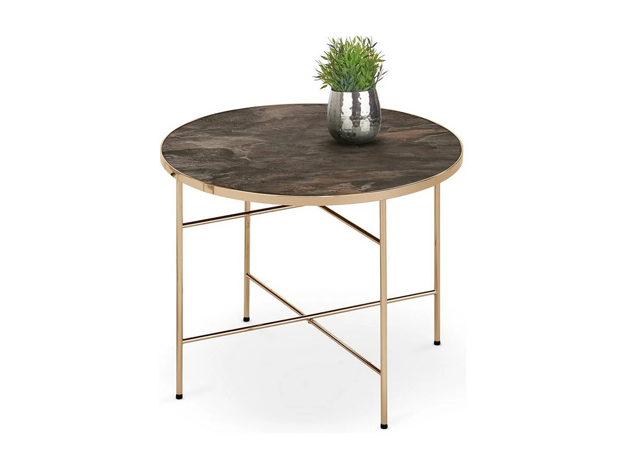 Table d'appoint ronde 60cm avec plateau style marbre et pieds métal couleur champagne ATLAS