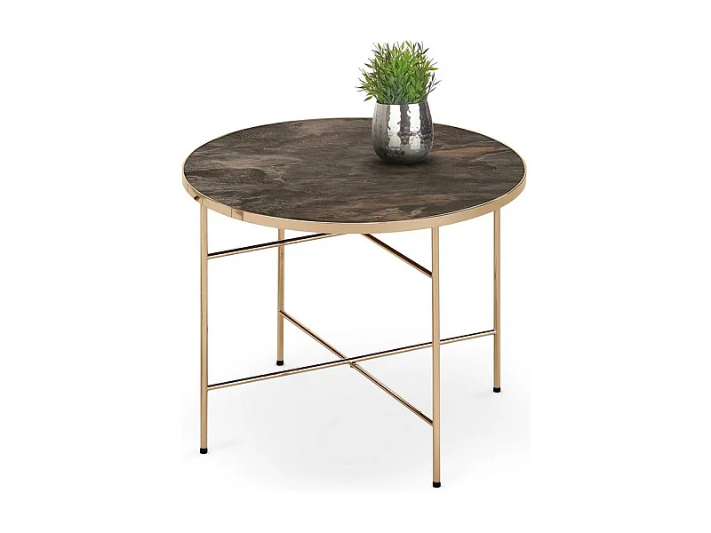 Table d'appoint ronde 60cm avec plateau style marbre et pieds métal couleur champagne ATLAS