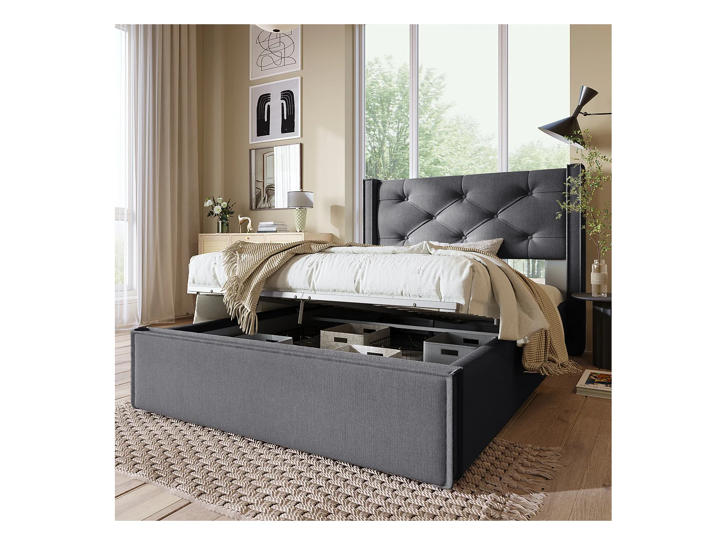 Lit coffre - avec espace de rangement gris Lit simple 90x200 cm - Sweiko