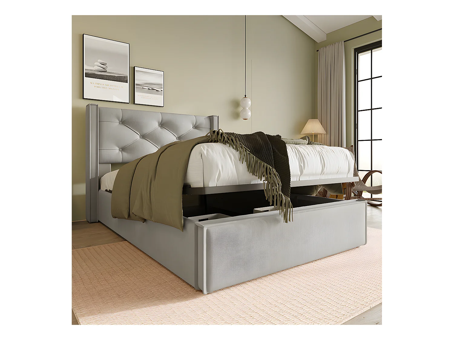 Lit coffre double/simple avec structure métal - Gris - 90x200 cm - Sweiko