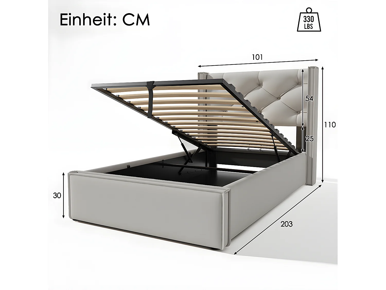 Lit coffre double/simple avec structure métal - Gris - 90x200 cm - Sweiko