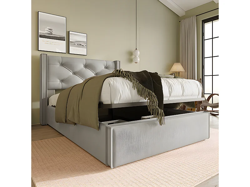 Lit coffre double/simple avec structure métal - Gris - 90x200 cm - Sweiko