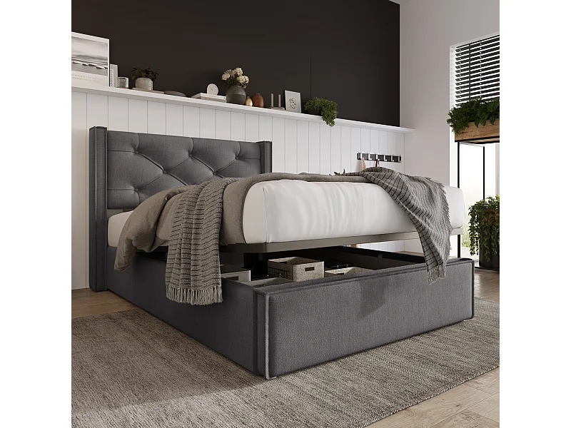 Lit coffre avec structure métal - Gris Lit 90x200 cm en tissu capitonné - Sweiko