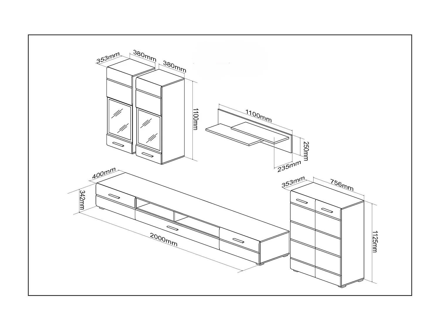 Ensemble meubles TV cachemire avec éclairage LED intégré Terminal