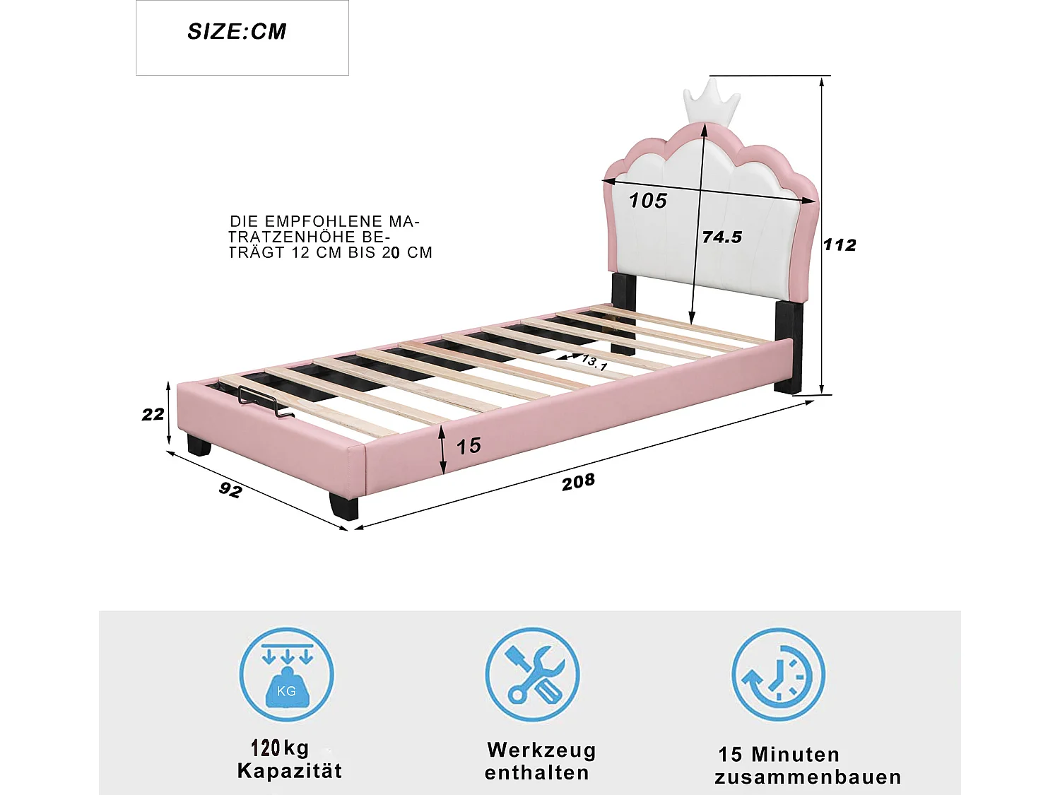 Lit enfant avec sommier Cadre de - 90 x 200 cm rose couronne - Sweiko