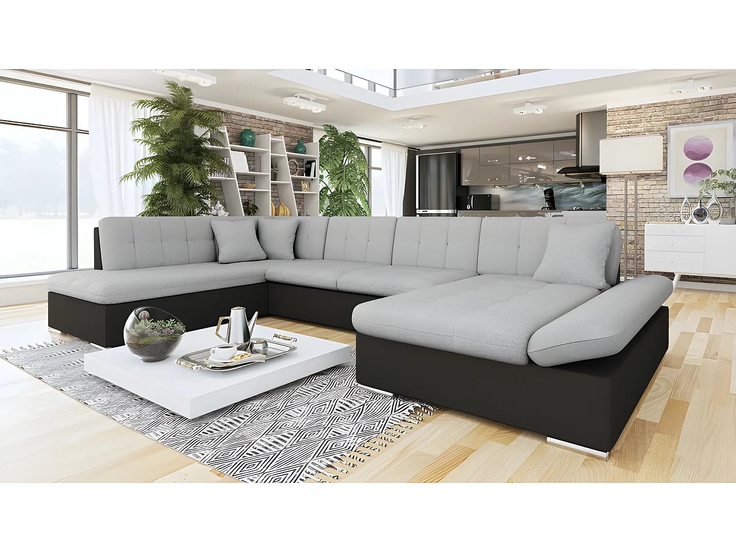 GENIRO panoramische slaapbank links hoek grijs en zwart
