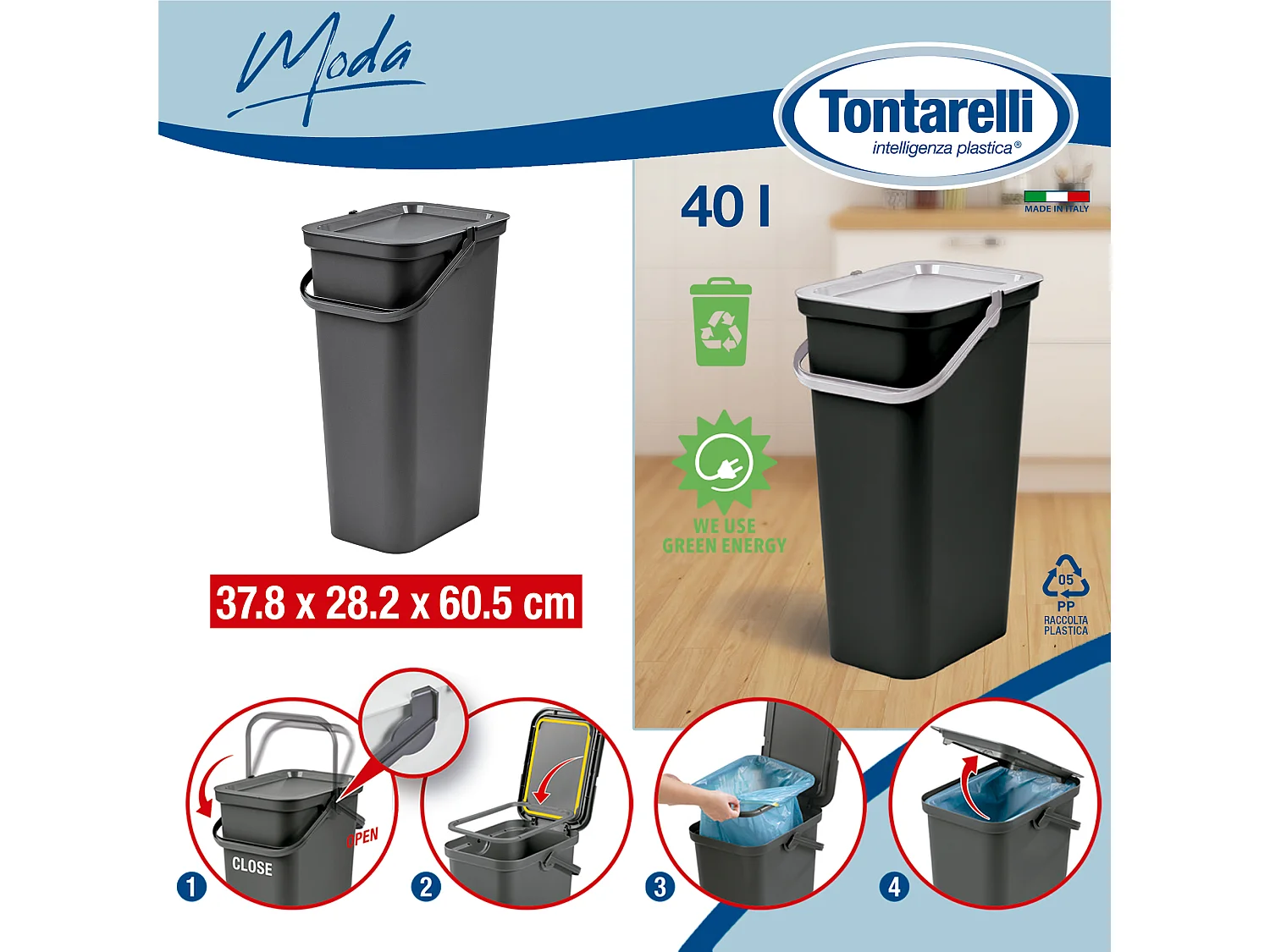 Lot de 2 corbeilles à papier 40L graphite avec poignée 37,8X28,5X60