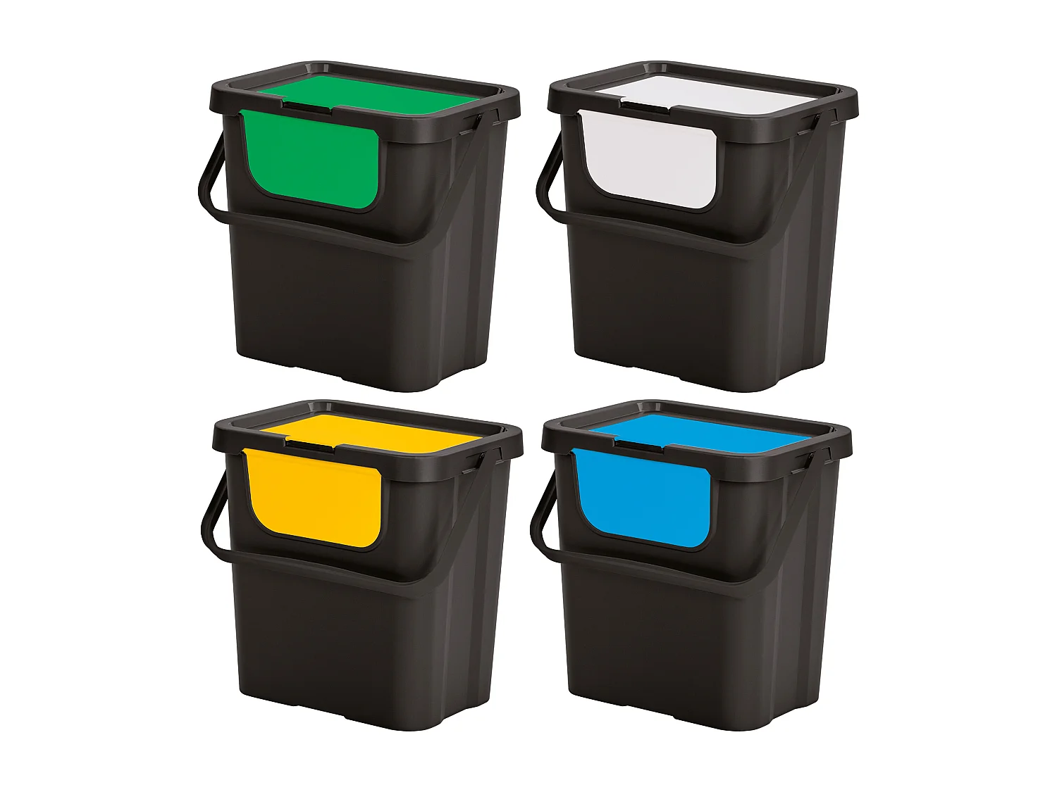 Set de 4 poubelles empilables  avec poignée en quatre couleurs.