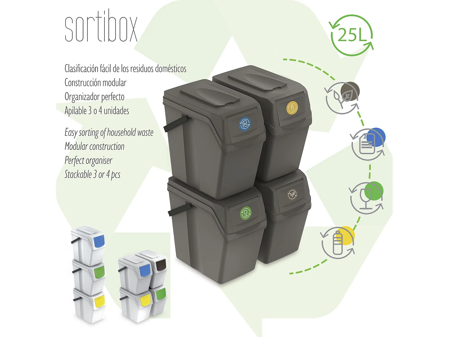 Ensemble de 4 cubes de recyclage 100L Prosperplast Sortibox de plastique gris