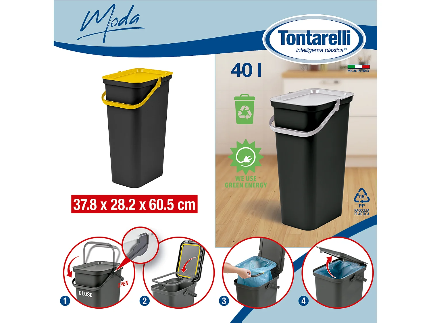 Set de 2 poubelles 40L avec poignée en ambre et noir