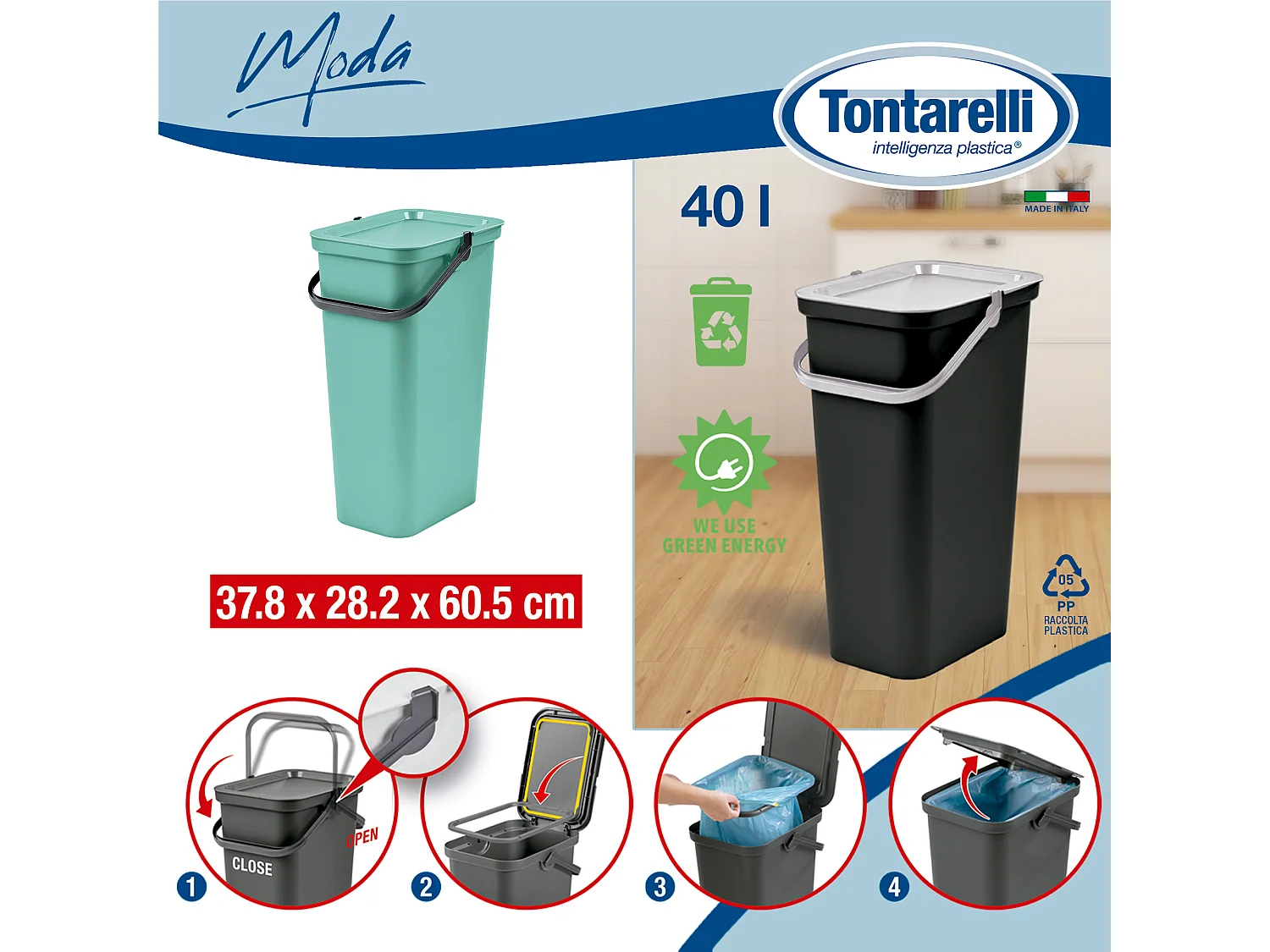 Set de 2 poubelles 40L sage avec poignée