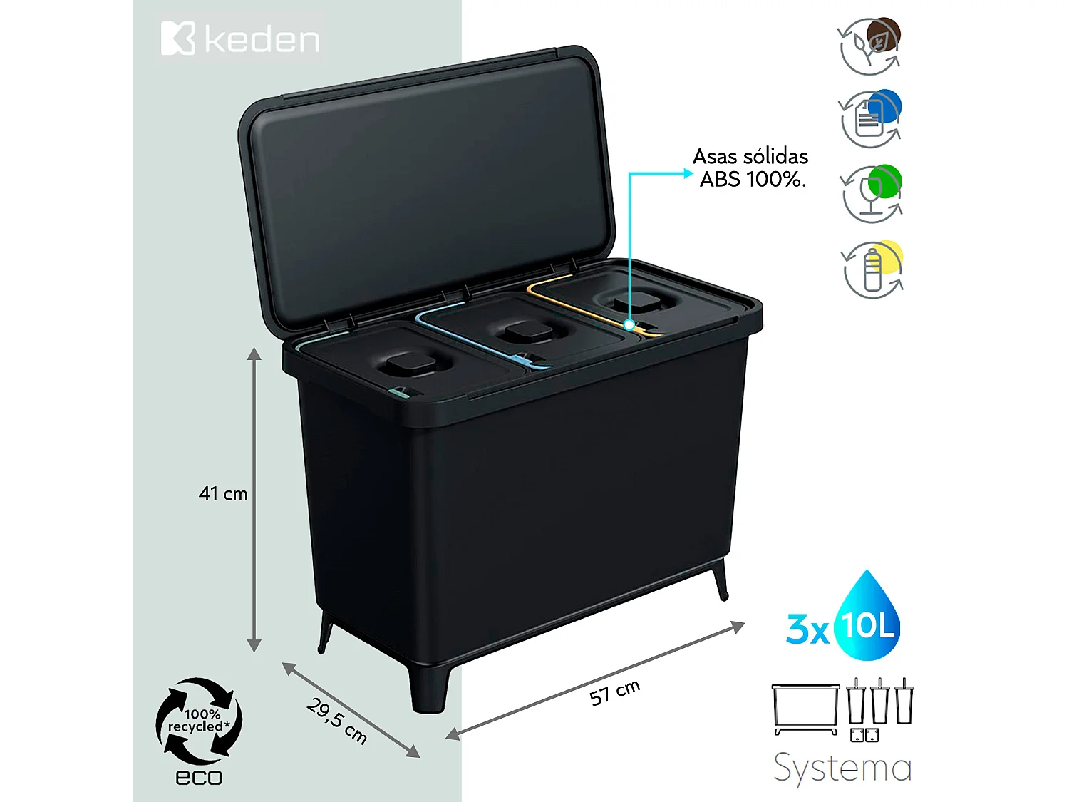 Système de classification de recyclage 3 x 10 litres Keden 57x29x41