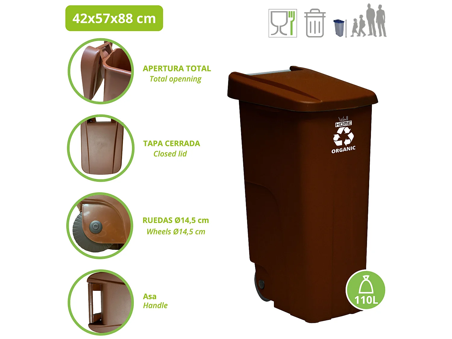 Wellhome recyclo Garbage 110 litres, fermé avec le couvercle, idéal pour le recyclage des déchets biologiques, avec des roues + 3x sacs à ordures de 10 unités