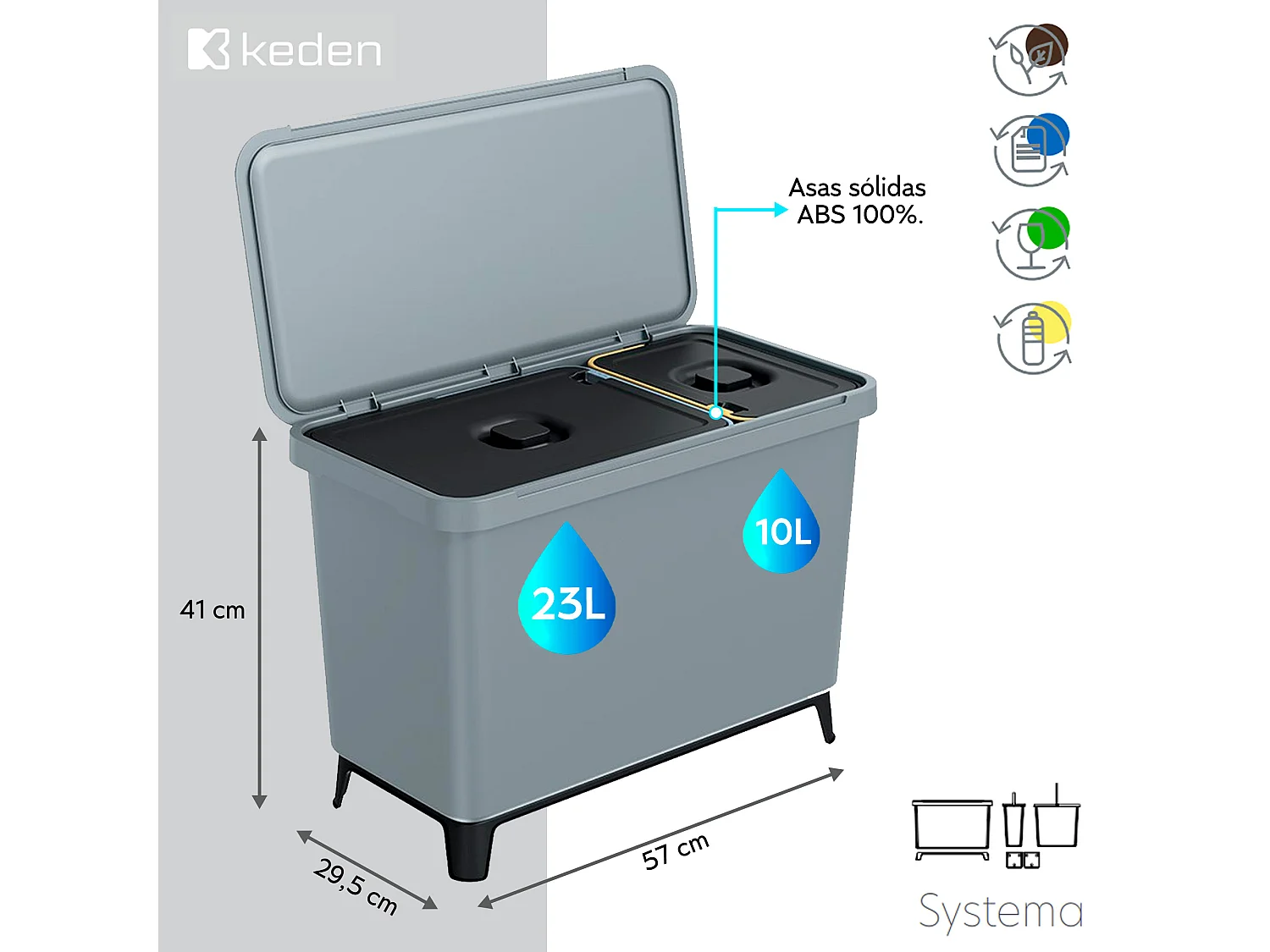 1x10l + 1x23l Gray Keden Recycling Classificateur 57x29x41