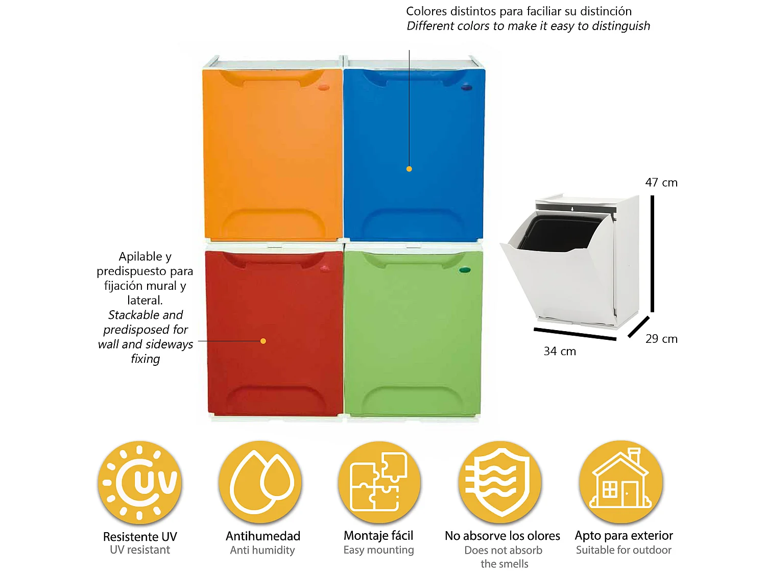 Paquet de 2 lignes de recyclage en polypropylène blanc, avec dépôt à l'intérieur de 40 l au total