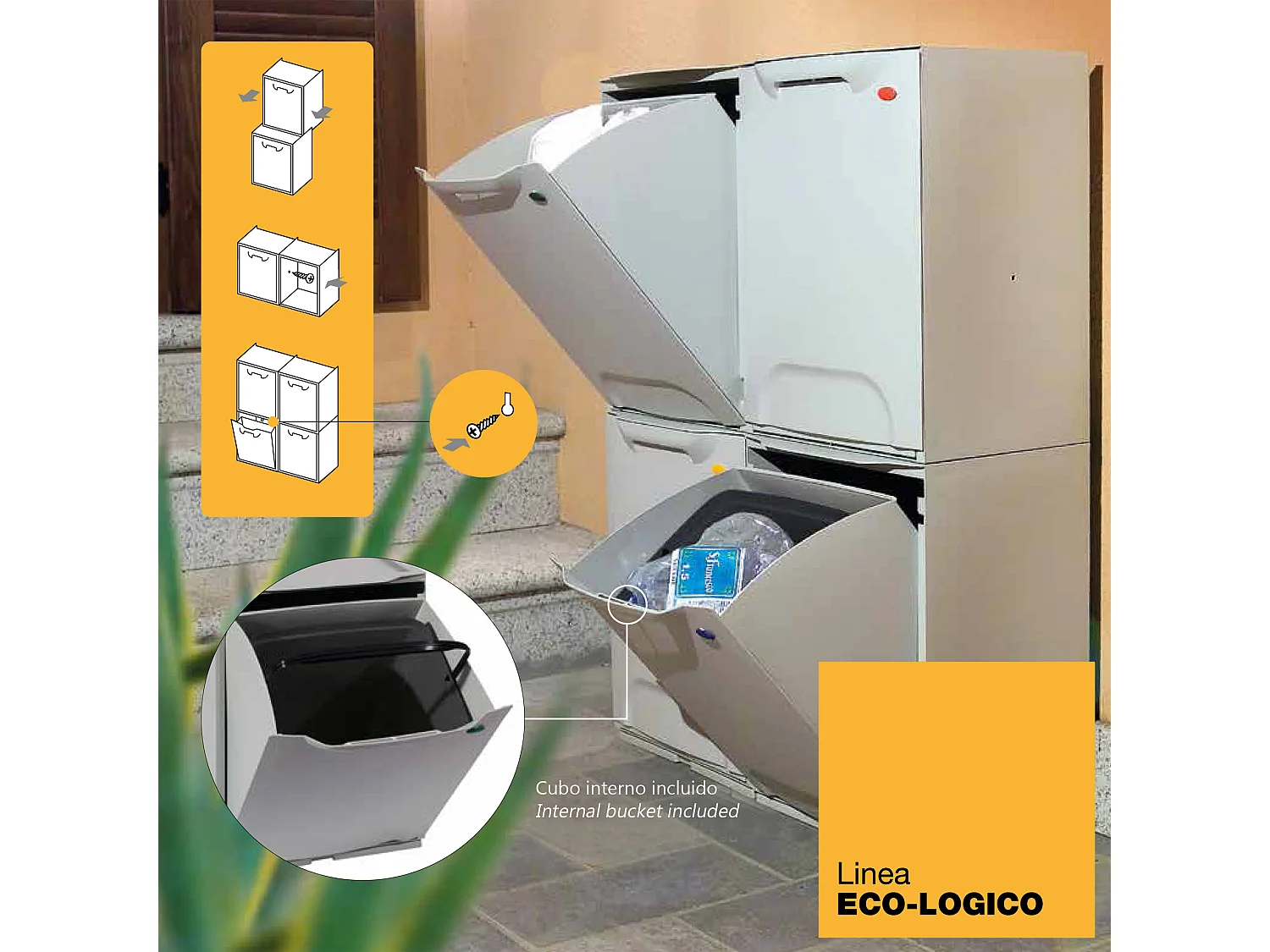 Paquet de 2 lignes de recyclage en polypropylène blanc, avec dépôt à l'intérieur de 40 l au total