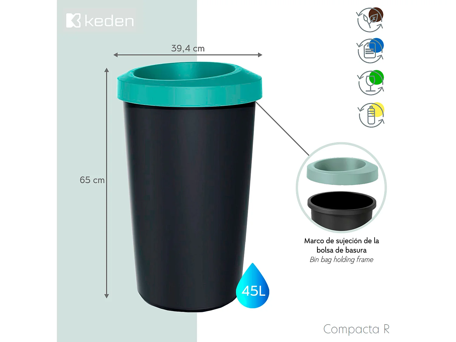 Recyclage Cube 45L Keden dans du plastique avec un couvercle ouvert vert. 39x39x65