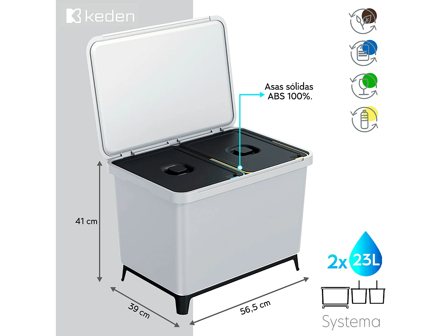 Système de recyclage blanc 2x23L Keden 56x39x41