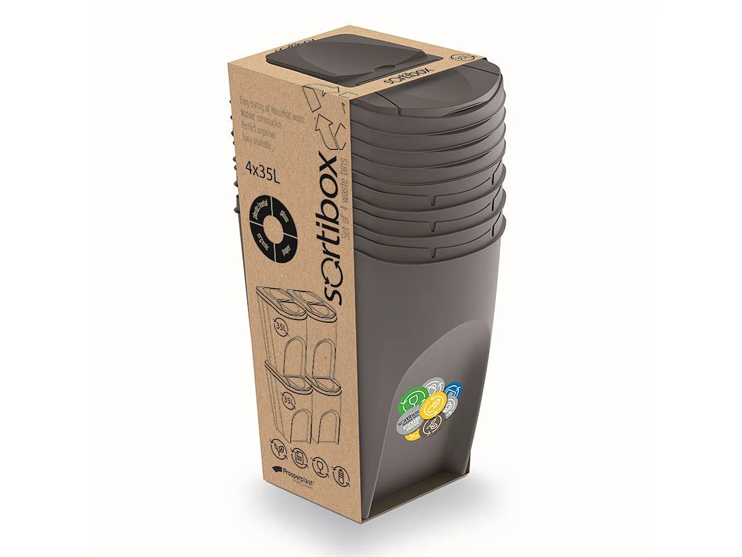 Ensemble de 4 cubes de recyclage 140L Prosperplast Sortibox de plastique gris