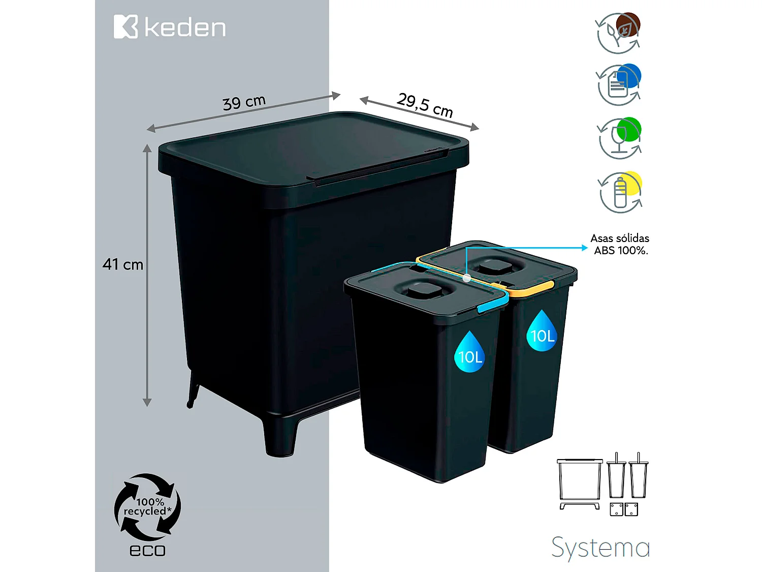 Système de classification de recyclage 2 x 10 litres Keden 39x29x41