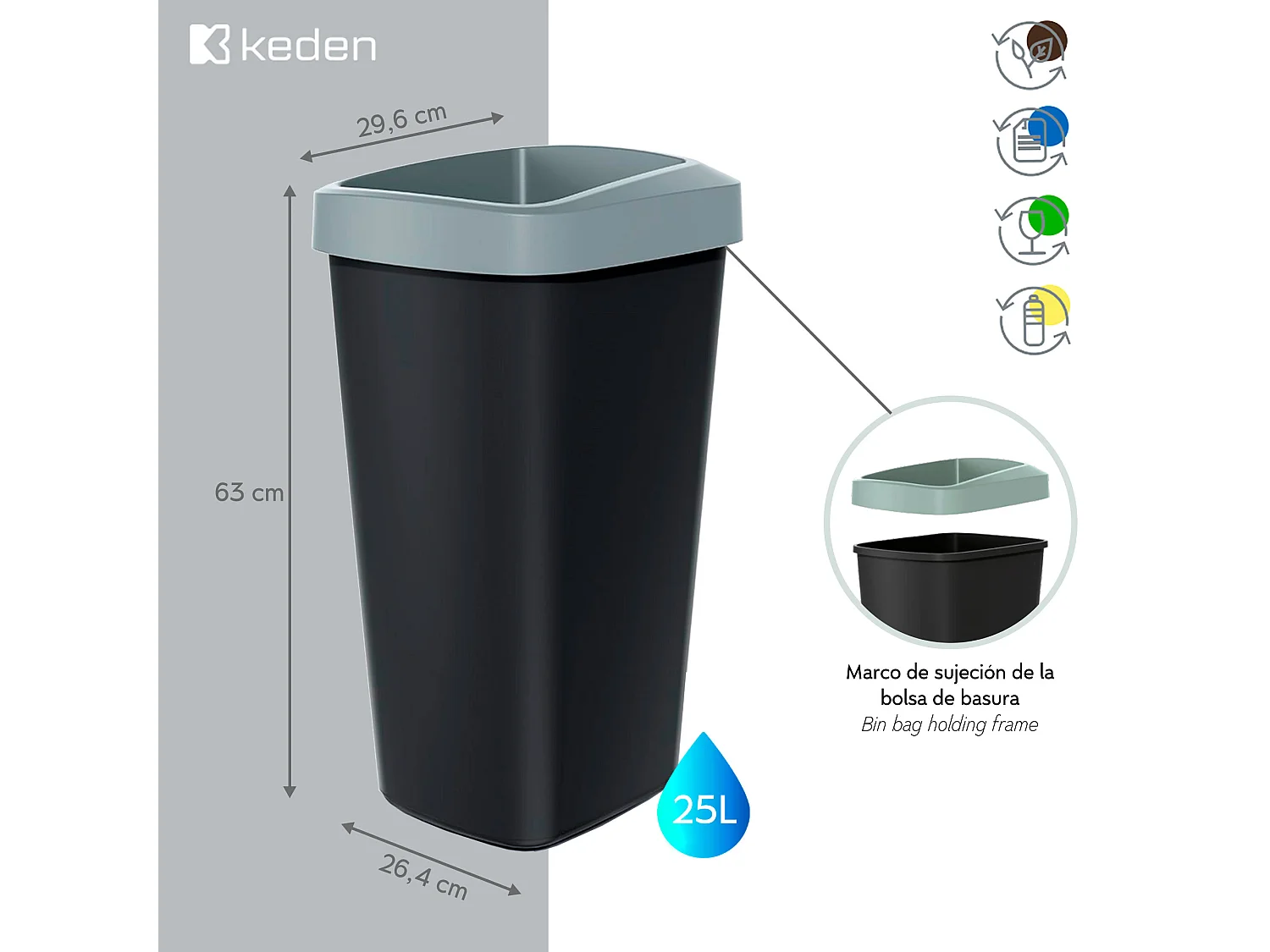 Ensemble de 3 cubes de recyclage de 25L chaque Keden. 29x26x63