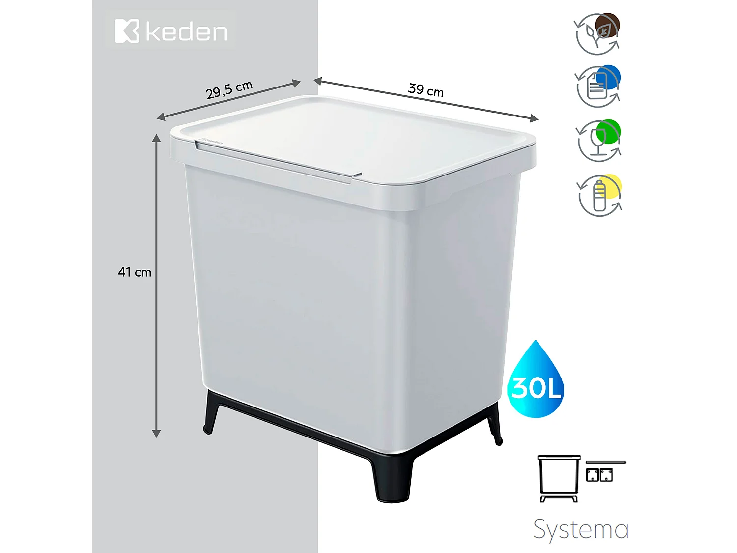 Cube de recyclage carré 30L Couleur blanche Keden 39x29x41