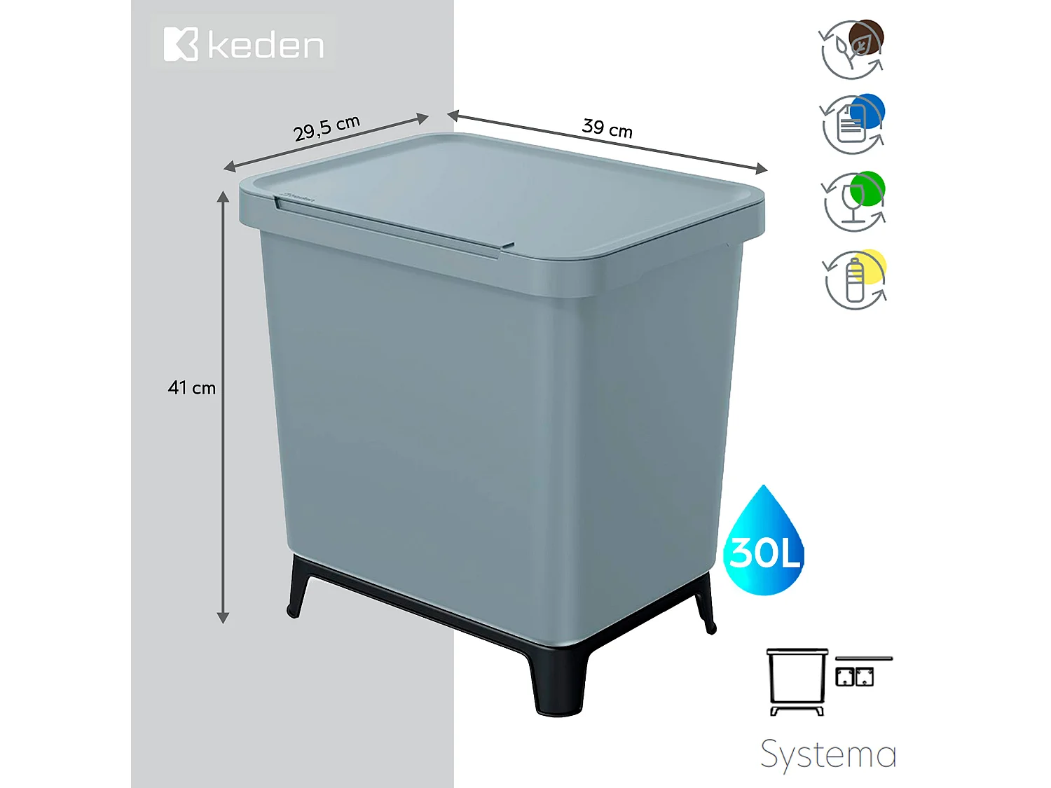 Cube de recyclage carré 30l Couleur de gris Keden 39x29x41