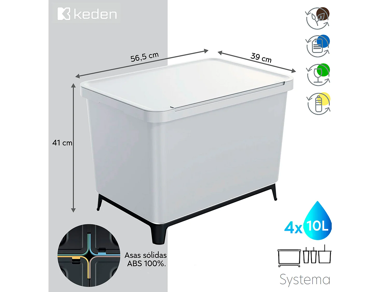 Système de classificateur de recyclage gris 4x10L Keden 56x39x41