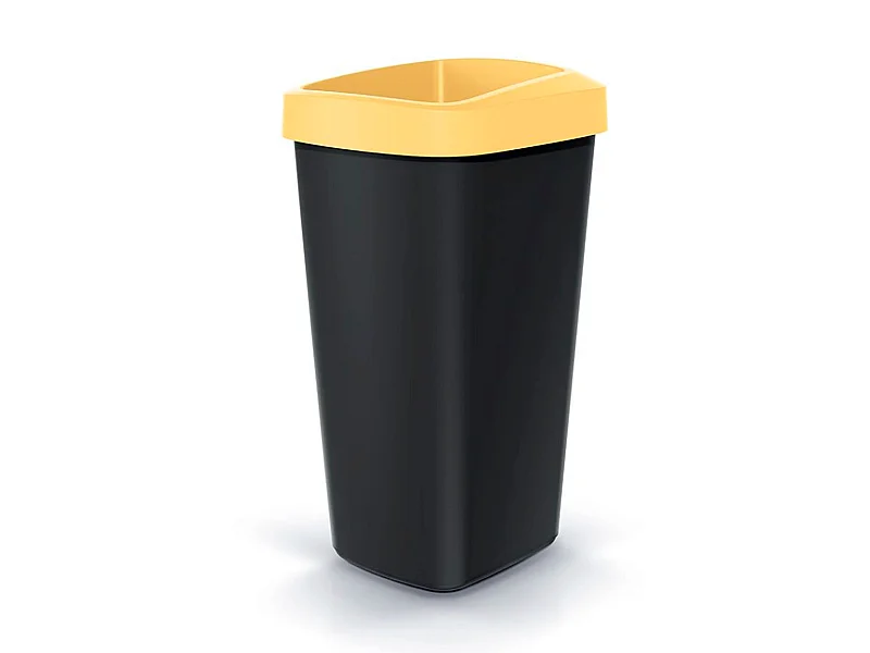 Recyclage Cube 45L Keden en plastique avec un couvercle jaune ouvert. 39x29x61