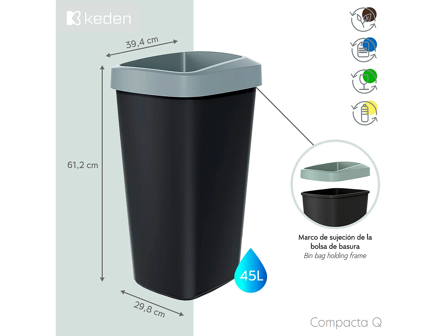 Recyclage Cube 45L Keden en plastique avec un couvercle jaune ouvert. 39x29x61