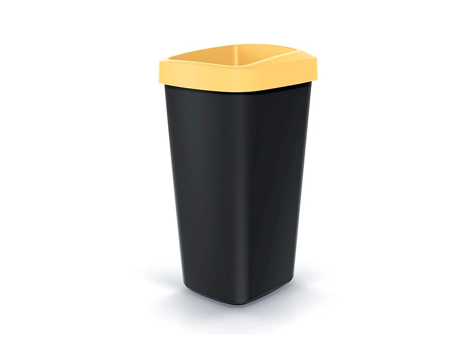 Recyclage Cube 45L Keden en plastique avec un couvercle jaune ouvert. 39x29x61