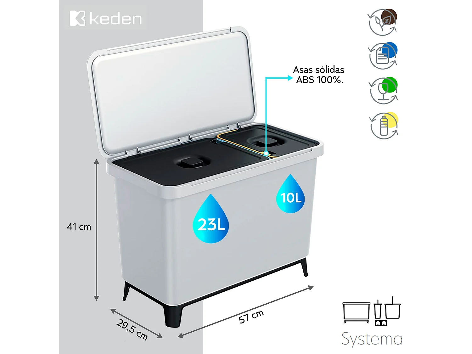 1x10l + 1x23l Système de classificateur de recyclage blanc Keden 57x29x41