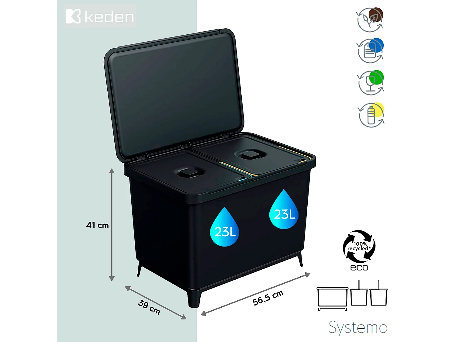 Système de classification de recyclage 2 x 23l Keden 56x39x41