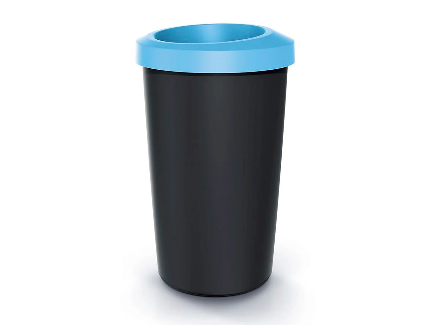 Recyclage Cube 45L Keden en plastique avec un couvercle bleu ouvert. 39x39x65