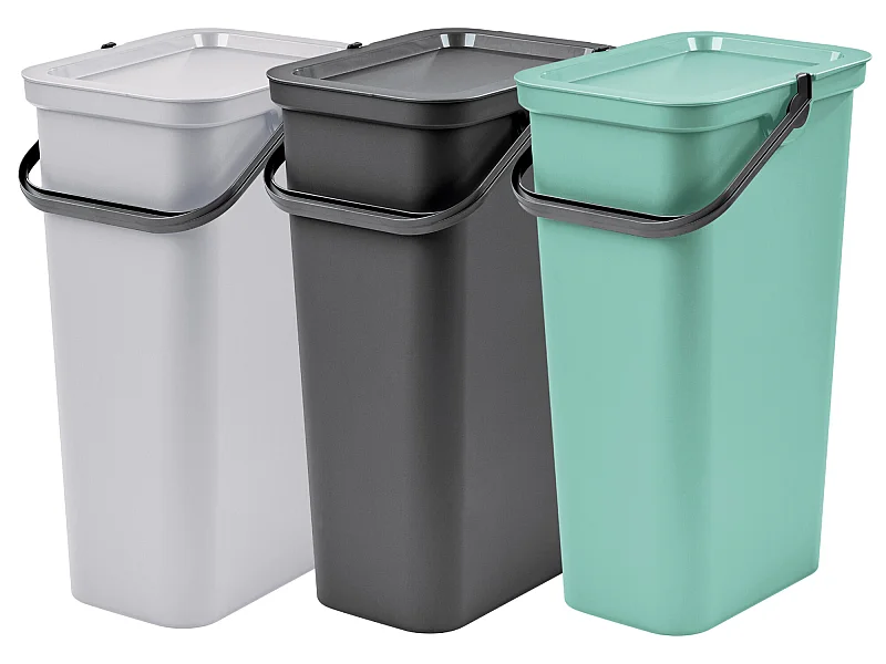 Set de 3 poubelles avec poignée graphite, sauge et blanc 40L