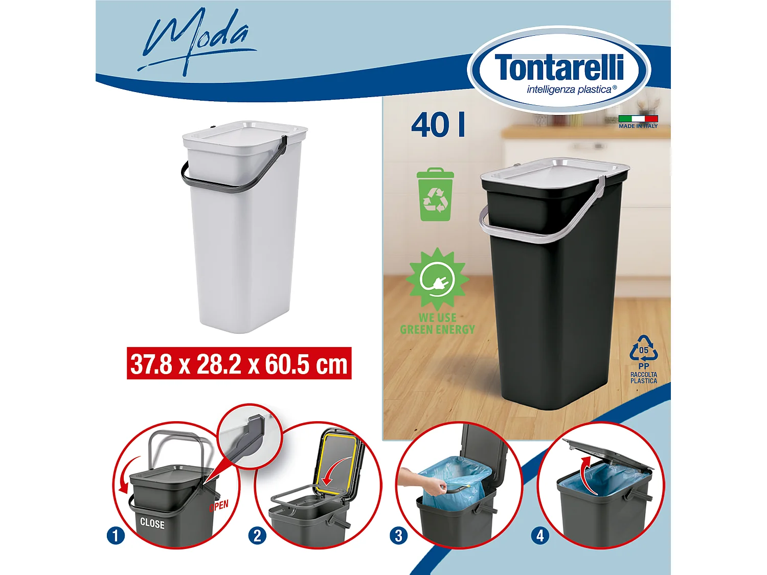 Set de 3 poubelles avec poignée graphite, sauge et blanc 40L