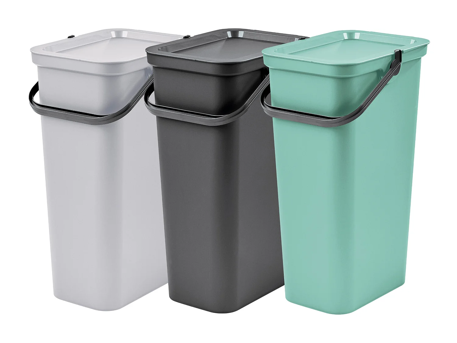 Set de 3 poubelles avec poignée graphite, sauge et blanc 40L