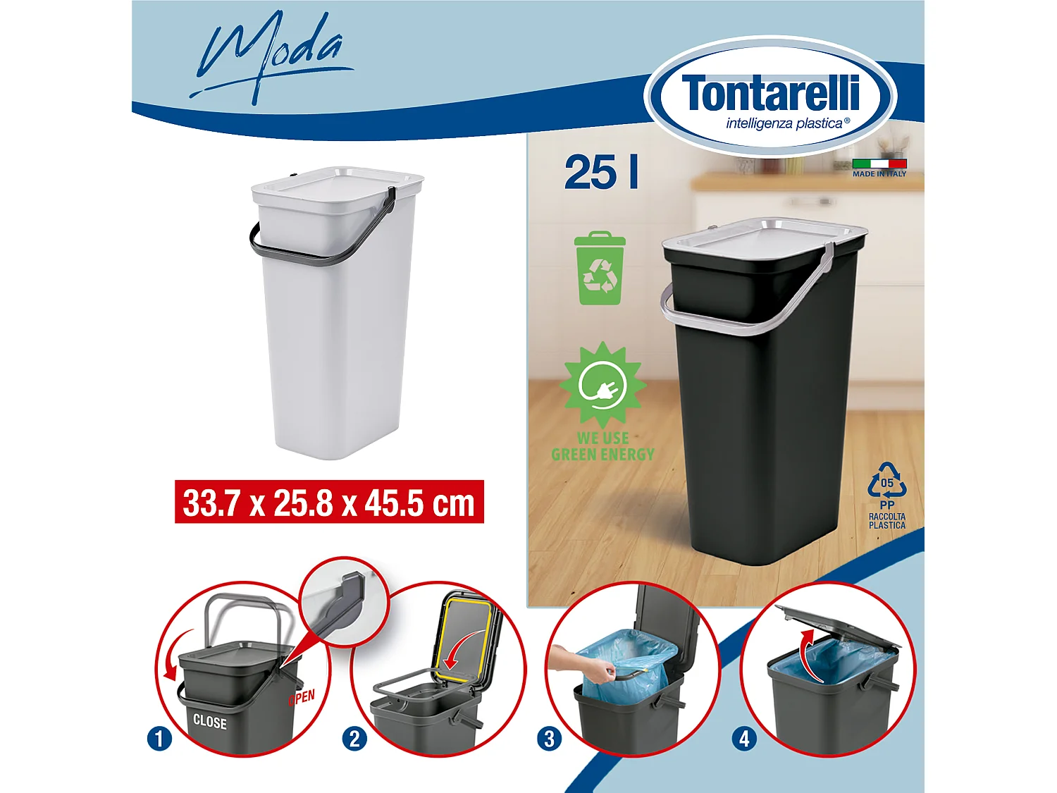 Set de 3 poubelles 25L Blanc avec poignée