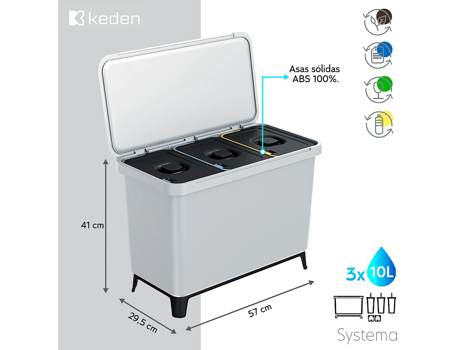 Classificateur de recyclage 3x10l Couleur blanche Keden 57x29x41