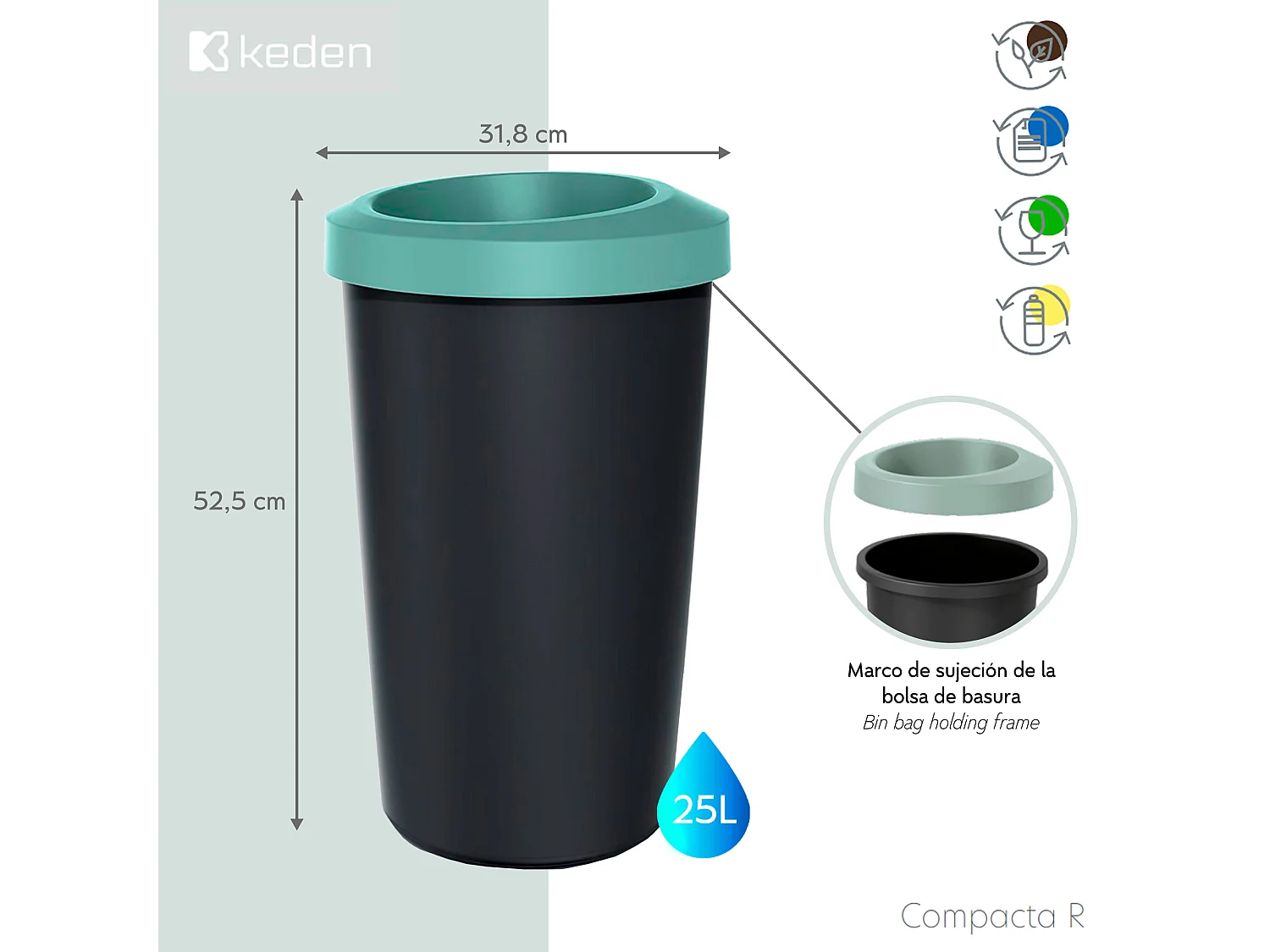 Cube de recyclage Keden 25L avec couverture ouverte gris pratique. 31x31x52