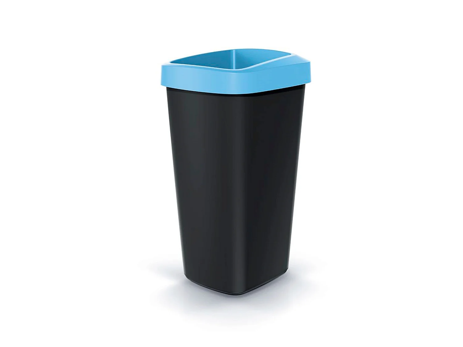 Recyclage Cube 45L Keden en plastique avec un couvercle bleu ouvert. 39x29x61