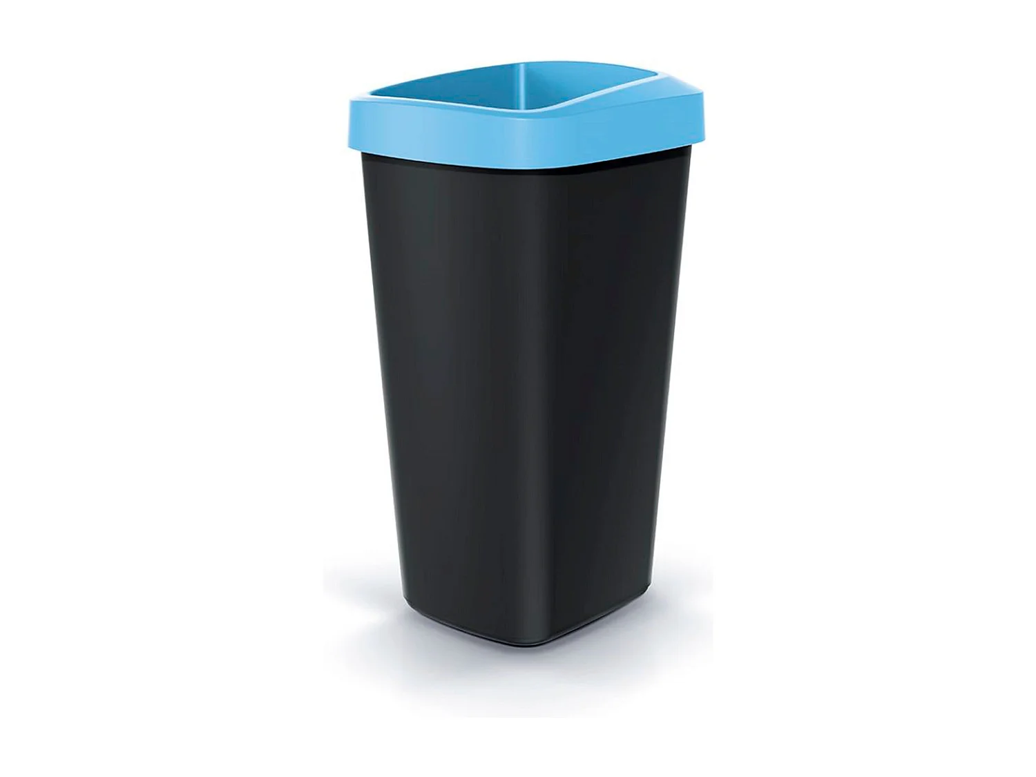 Recyclage Cube 45L Keden en plastique avec un couvercle bleu ouvert. 39x29x61