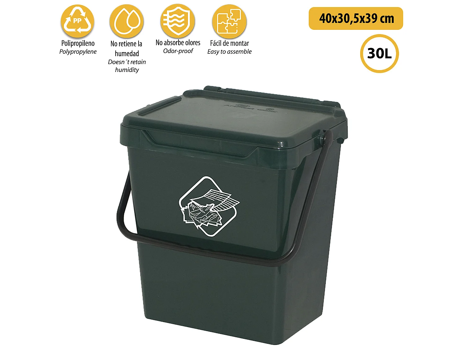 Seau en polypropylène avec poignée et couvercle vert, 30 Lt.400x305x390 mm 4x3,5x39 cm