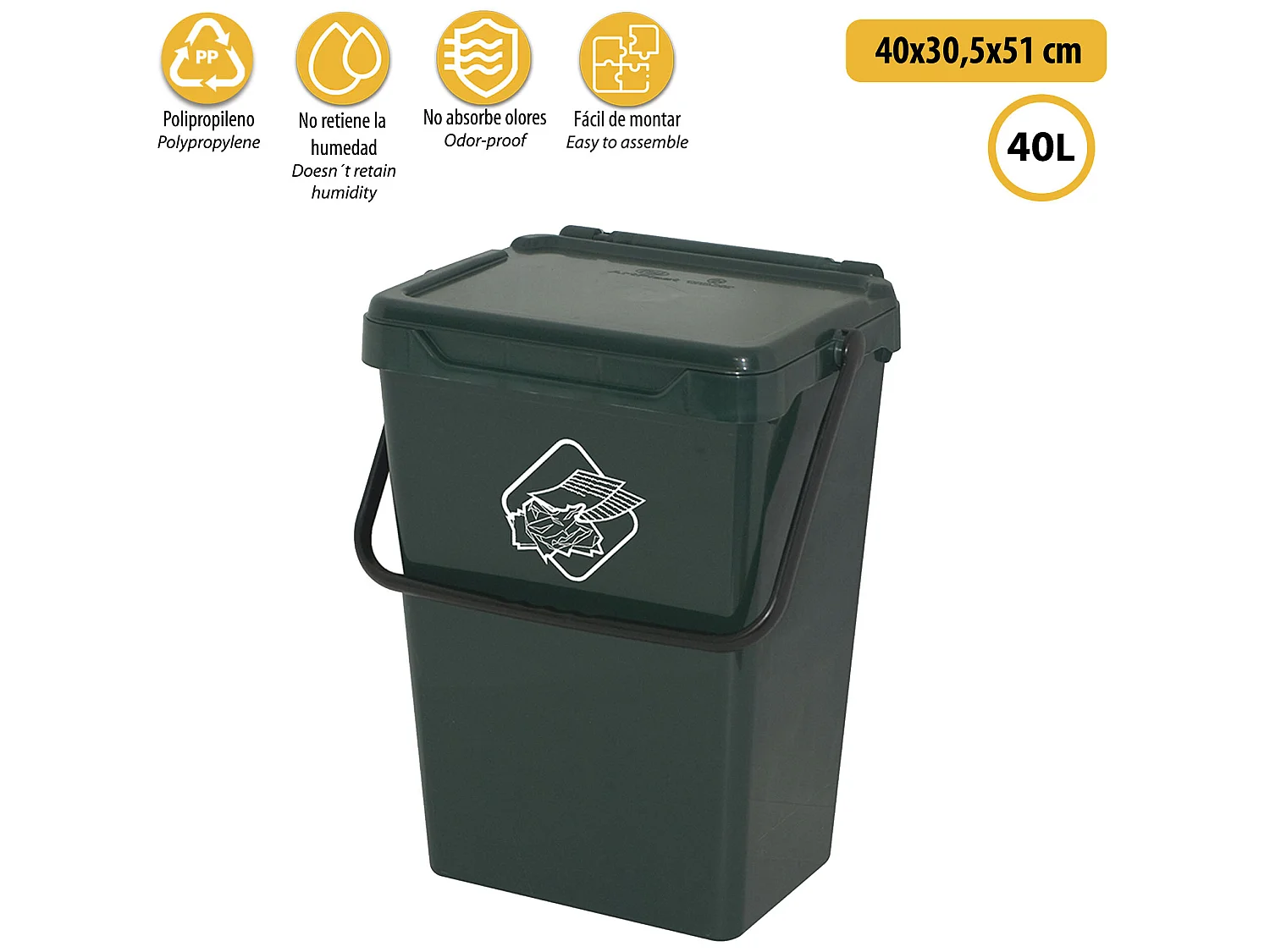 Seau en polypropylène avec poignée et couvercle vert, 40 Lt.400x305x510 mm. 4x3,5x51 cm