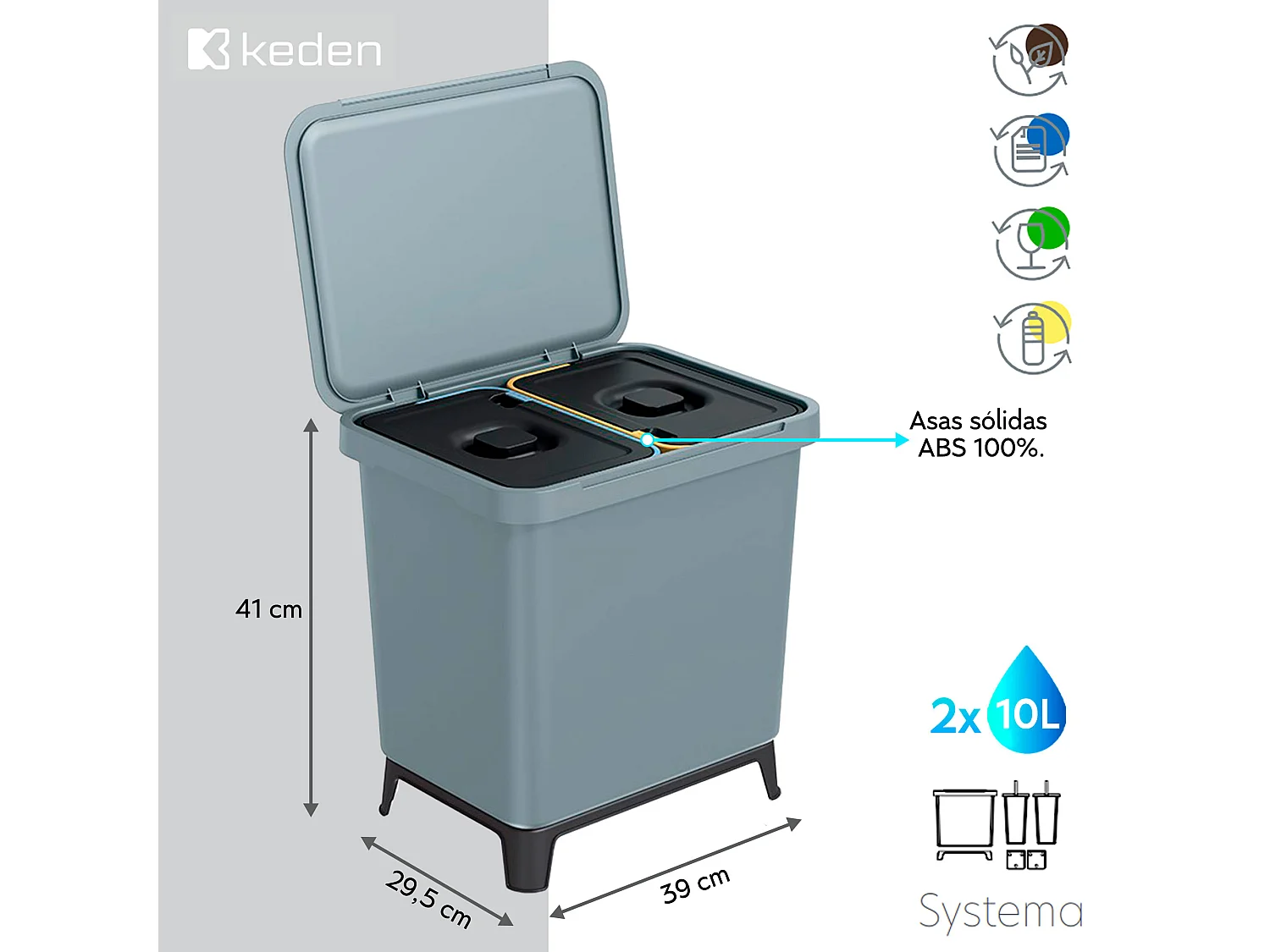 Système de classificateur de recyclage gris 2x10L Keden 39x29x41
