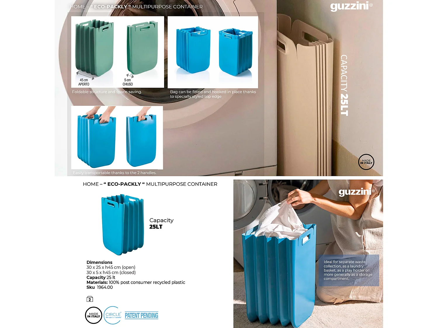 Cube de déchets multi-moussant 3x set pliable 25 litres  One (total 75L), en plastique recyclé, 45x30 cms, en couleur