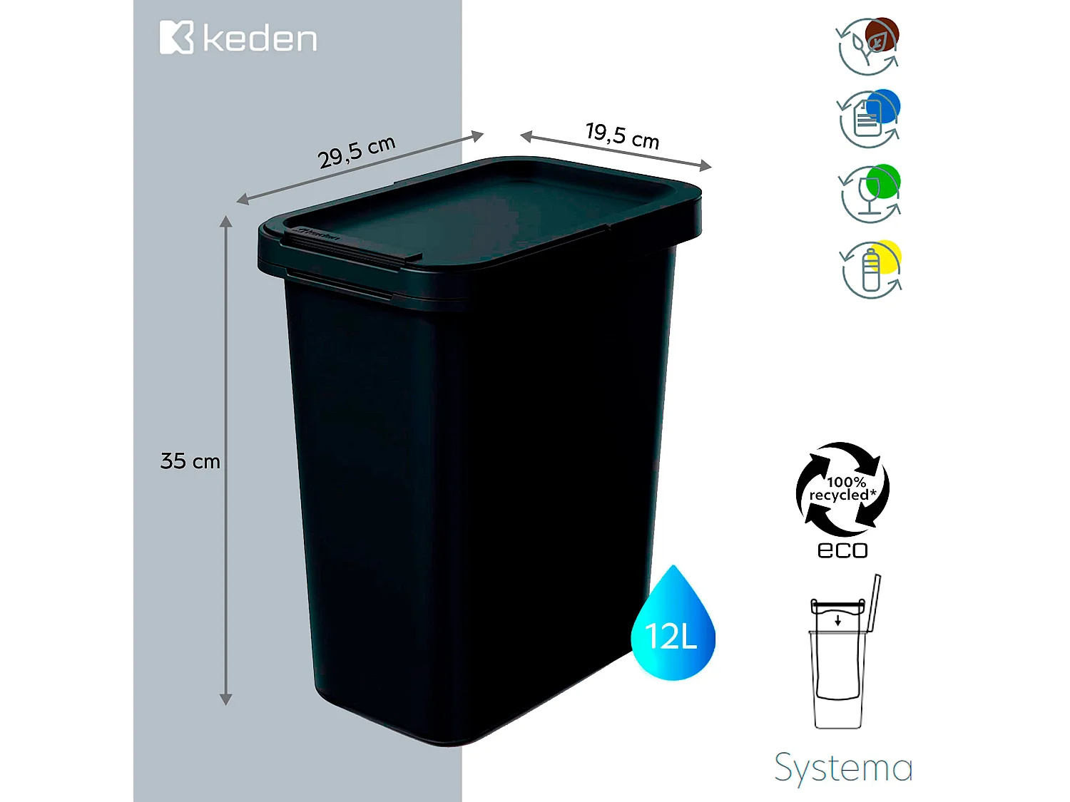 Système de recyclage 12L en noir Keden 29x19x35
