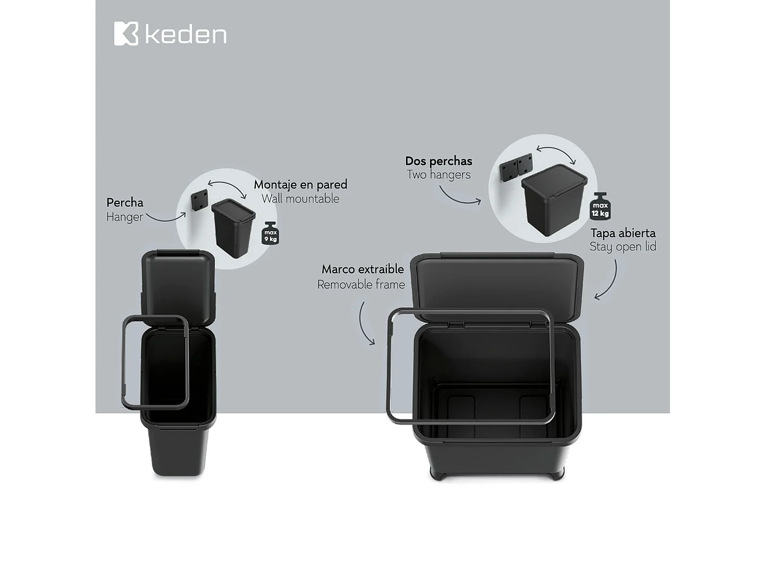 Système de recyclage 12L en noir Keden 29x19x35